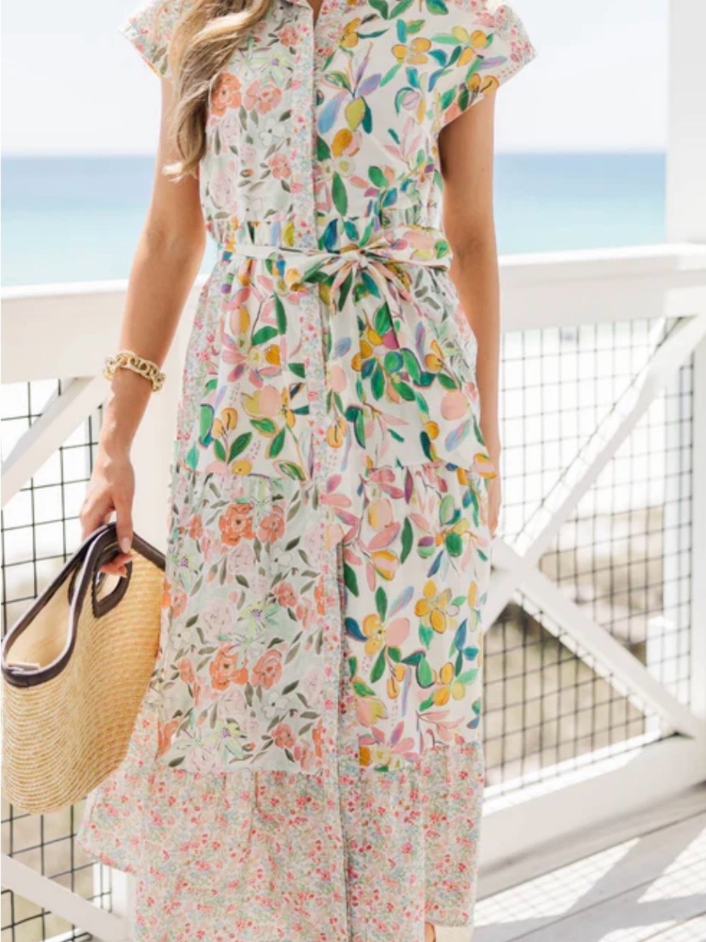 Beautiful Sleeveless White Multi Floral Midi Dress with Tie Waist